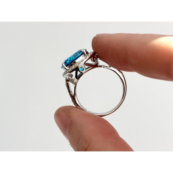Blue Topaz Semi-Precious Round Cut Halo 925 Sterling Silver Vintage Ring - sz 8 - Picture 6 of 10